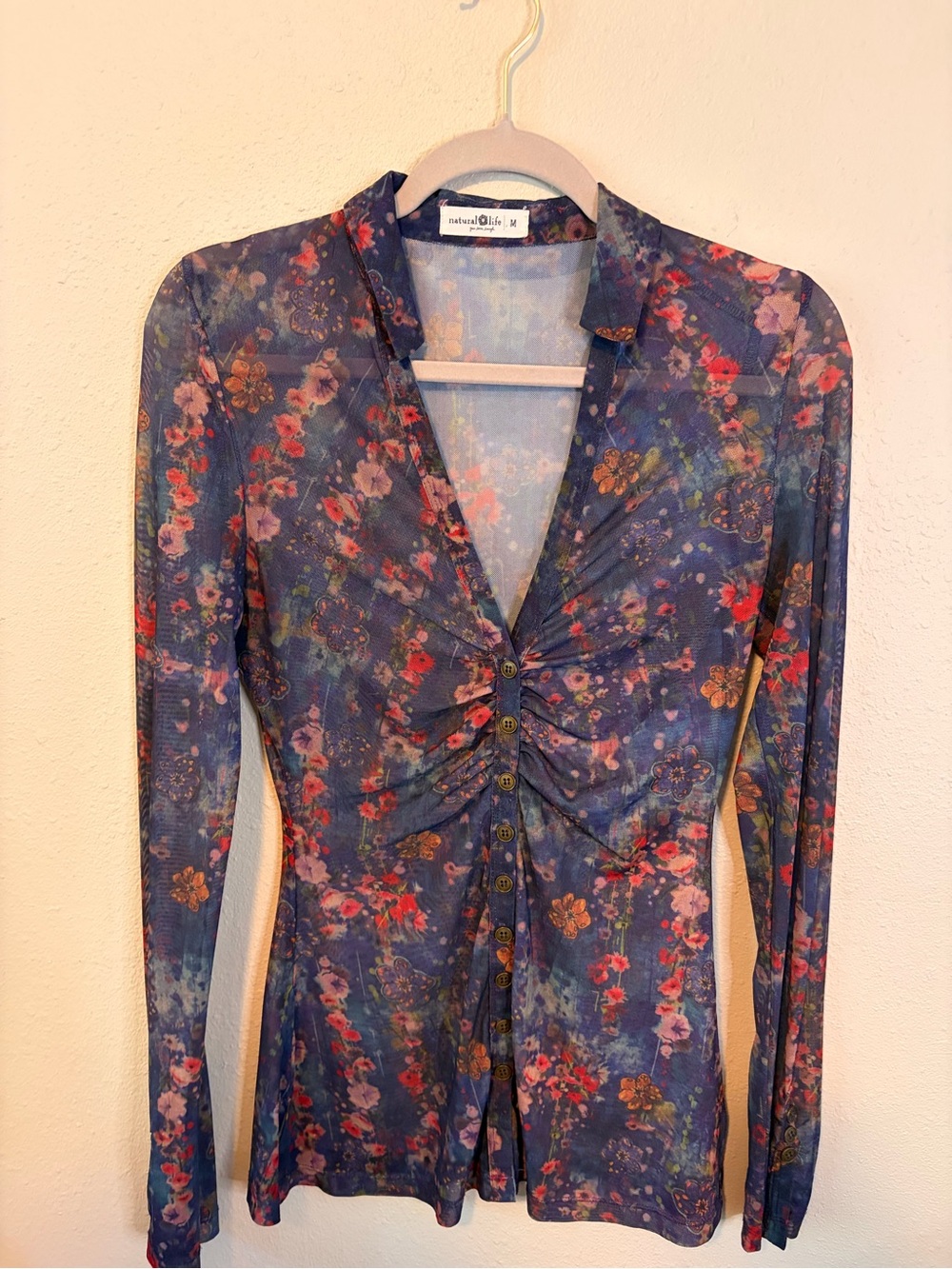 Natural Life Navy Blue Floral Ruched Button-Front Long Sleeve Dress Top